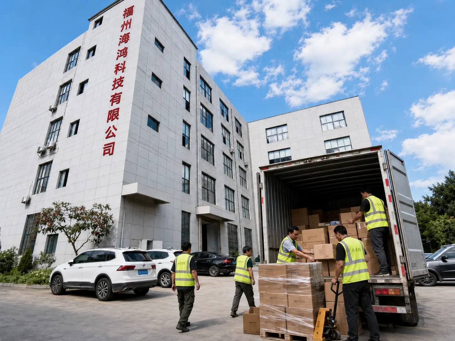 Workers unloading boxes from delivery truck