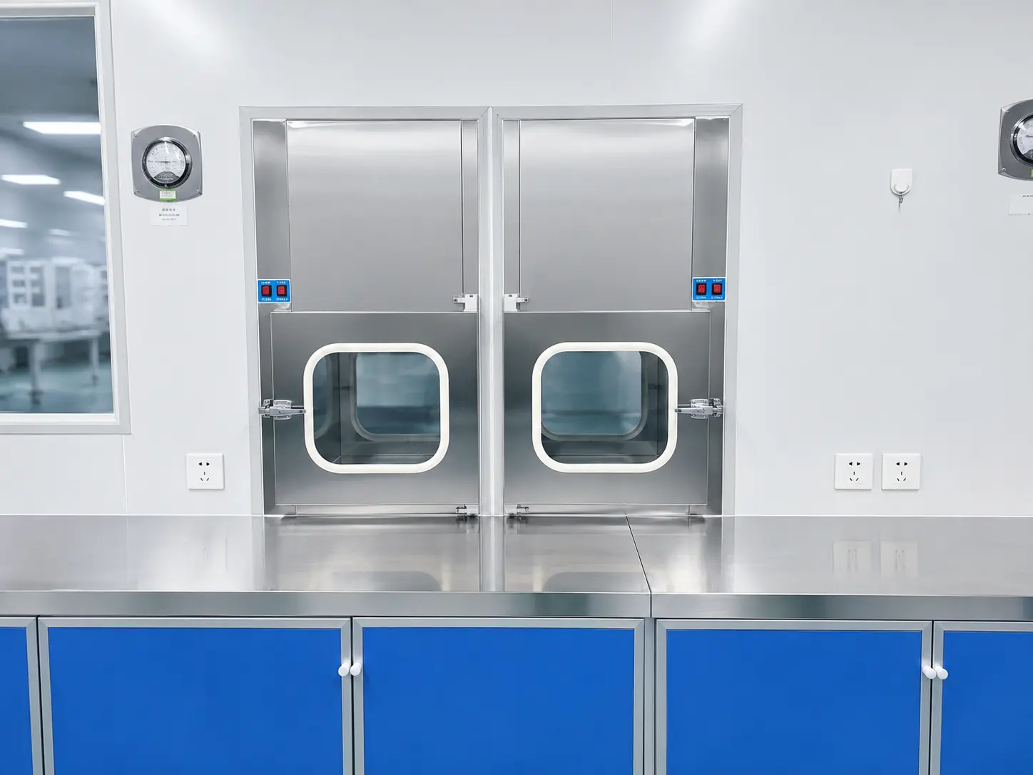 Clean production room with stainless steel double doors in a baby care manufacturing facility