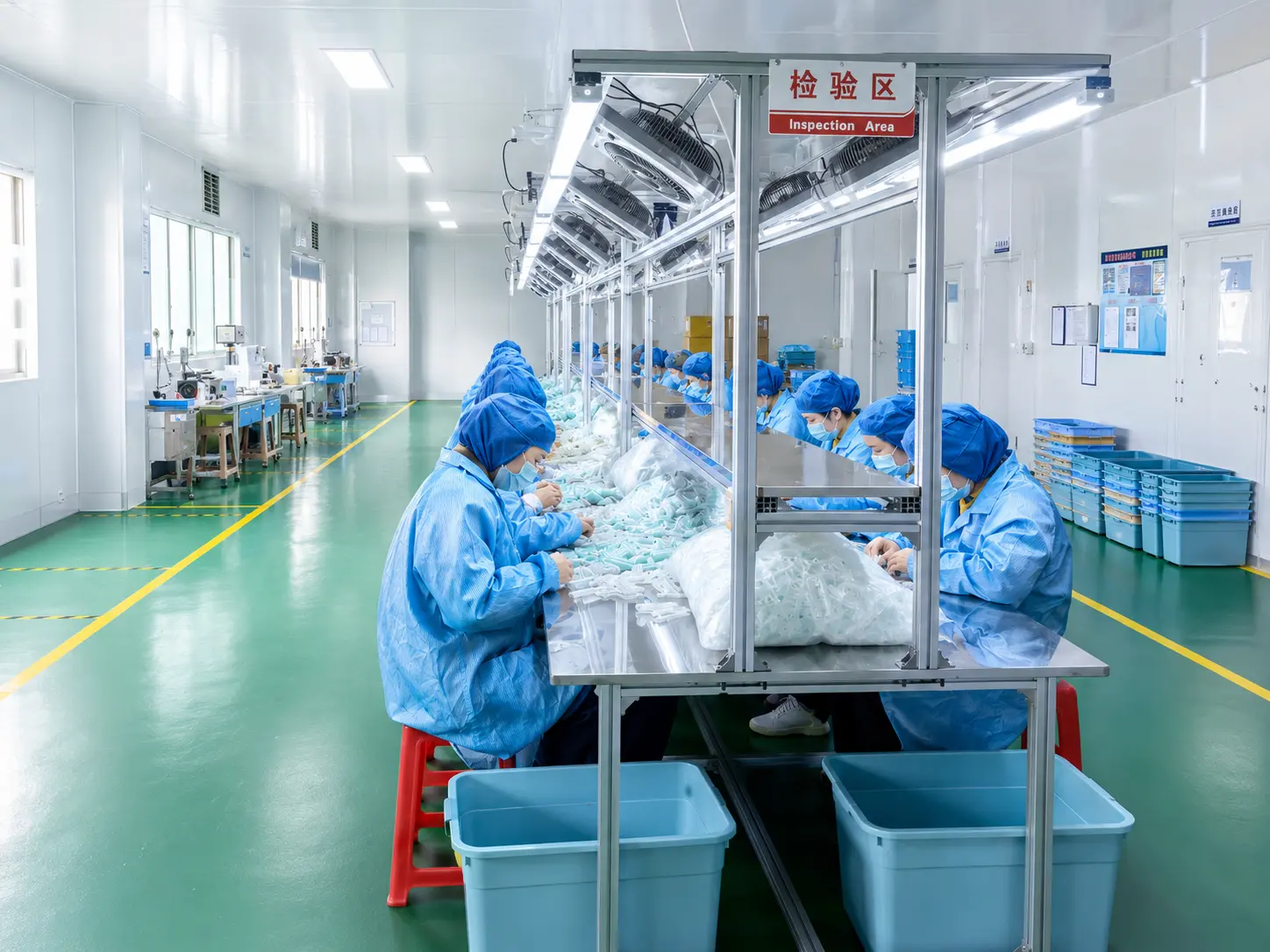 Baby care products inspection area in a clean factory workshop