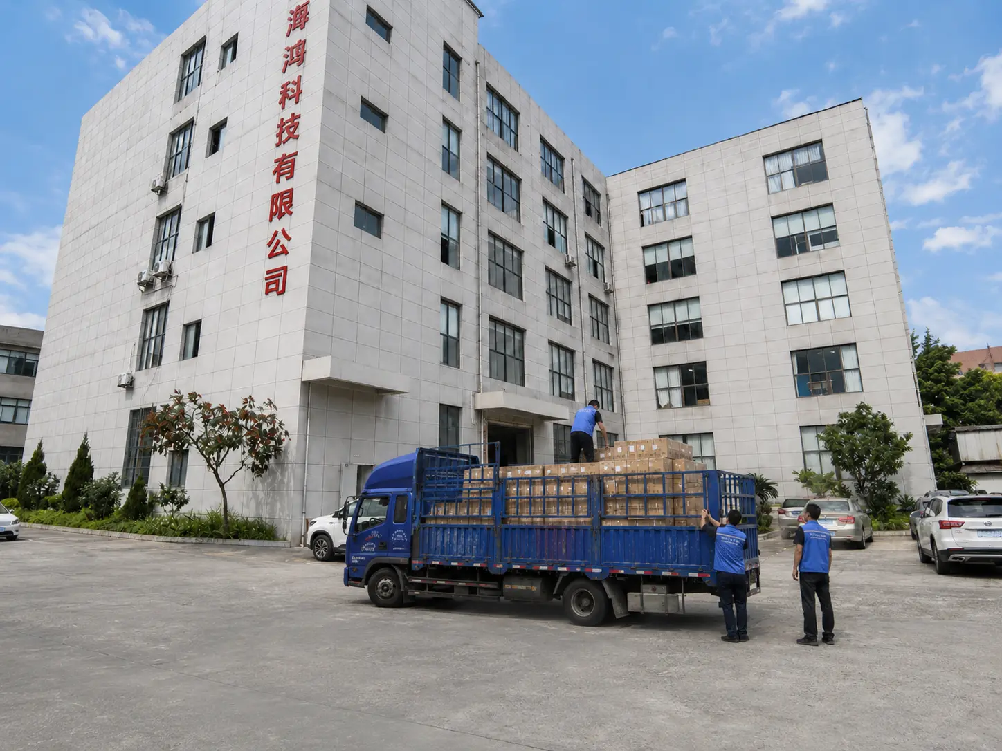 Workers loading boxes onto a blue truck.