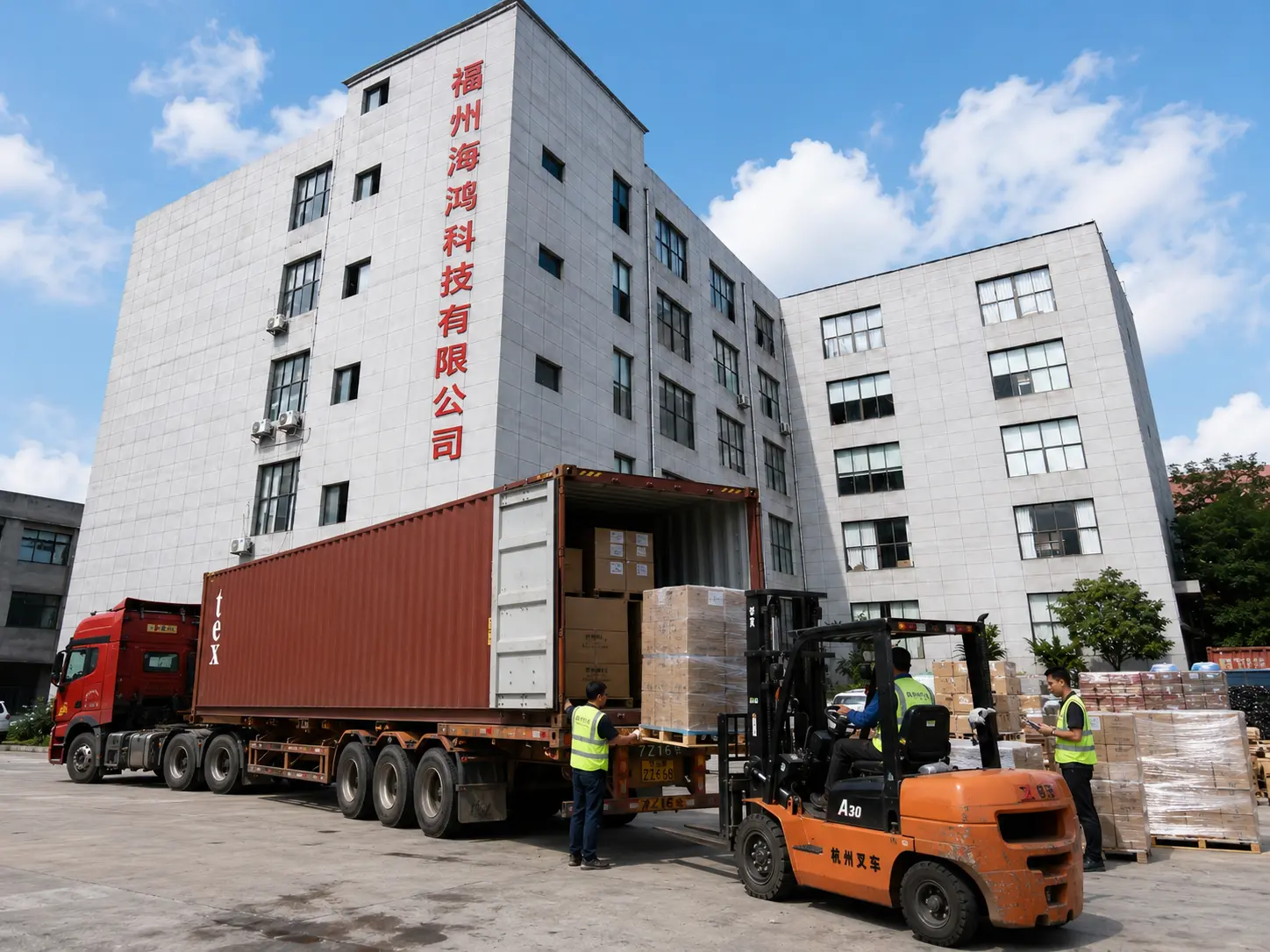 Baby Sailing factory loading shipping containers with forklifts