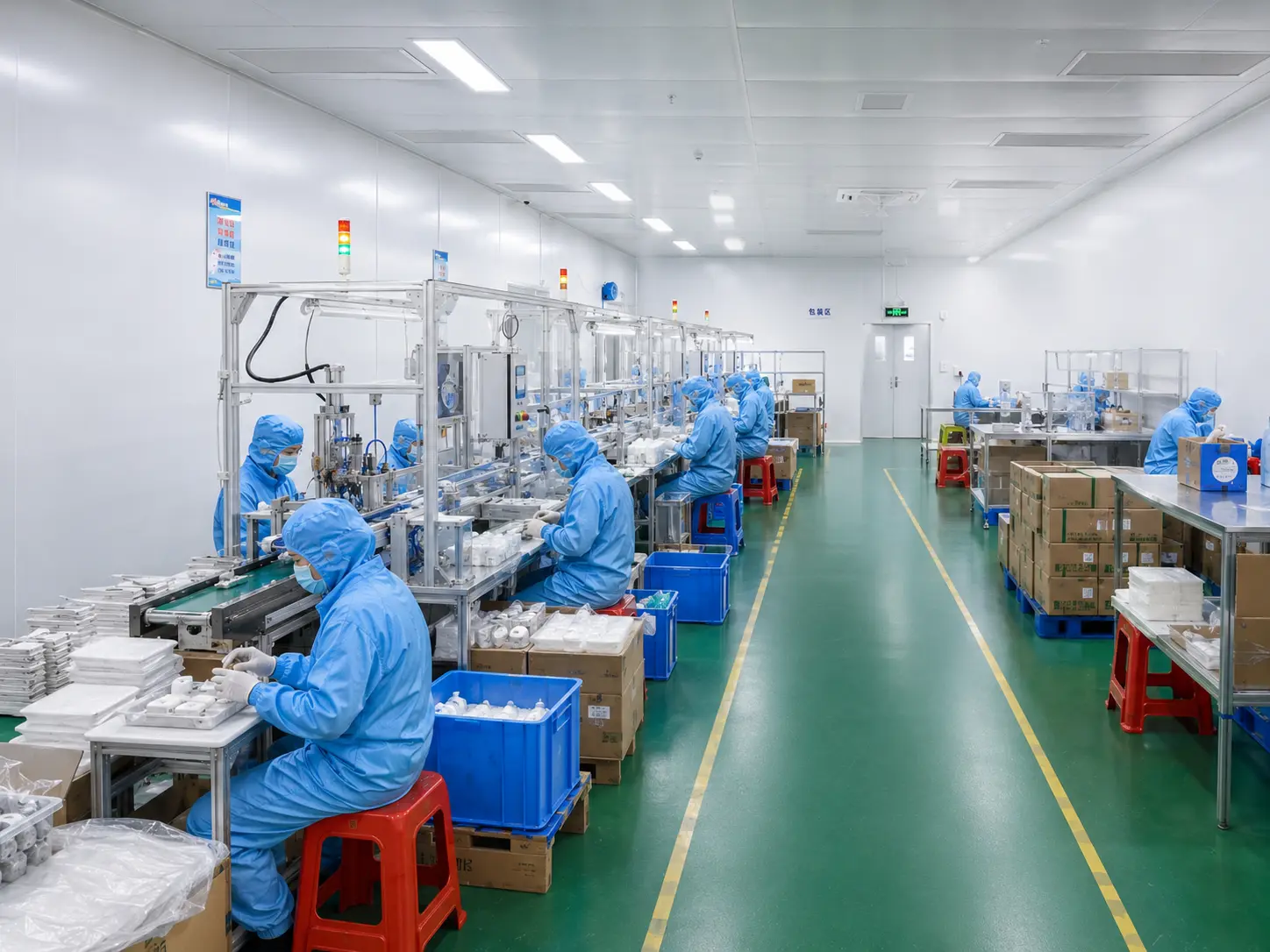 Baby care manufacturing line with workers in cleanroom protective suits