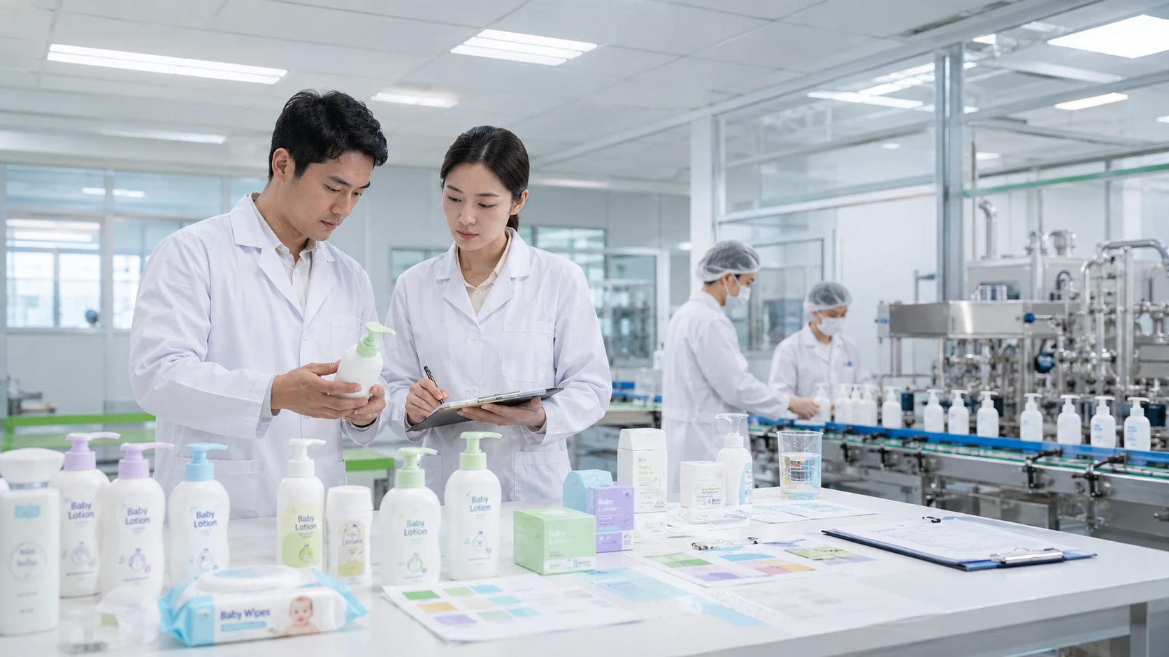 Baby care product inspection in a clean OEM factory laboratory